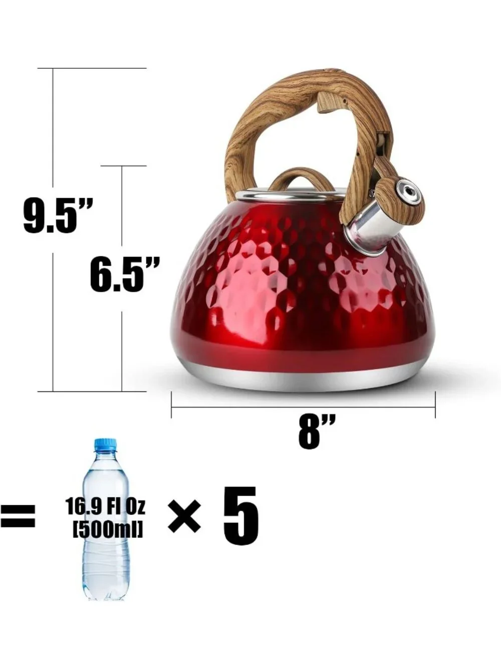 Red Kitchen Whistling Tea Kettle 2.7-QT Stainless Steel Diamond Design Stovetop